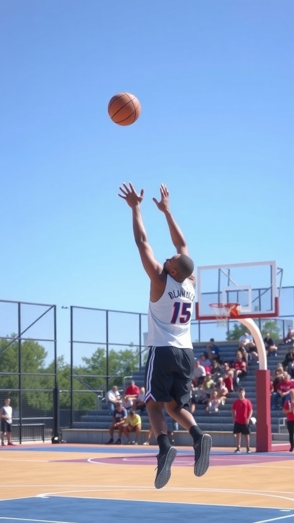 A basketball player shooting a 3-pointer on the court.